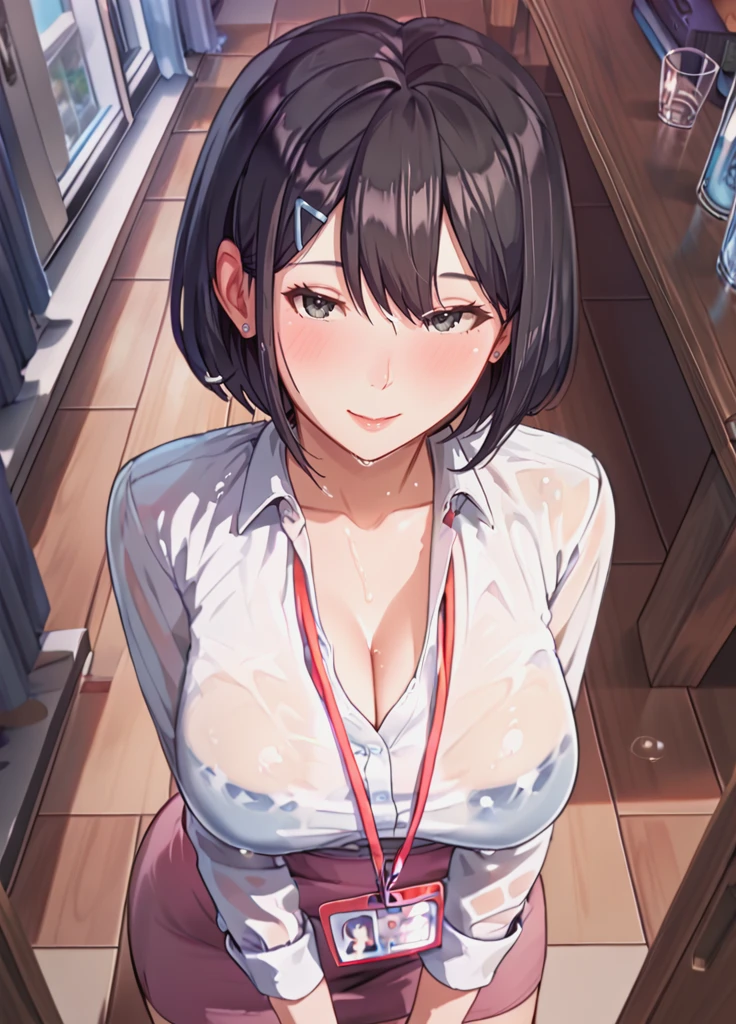 score_9,score_8_up,score_7_up,from_above,looking_at_viewer,full_shot,1girl,mature female,<lora:Sizuka(summer clover)_epoch_8:0.9>,sizuka,hair ornament,hairclip,black hair,large breasts,blush,short hair,skirt,cleavage,wet clothes,collared shirt,earrings,lanyard,office lady,id card,kind_smile,bent_over,leaning_forward,breasts squeezed together,office,<lora:wet clothes_pony_V1.0:0.8>,see-though,