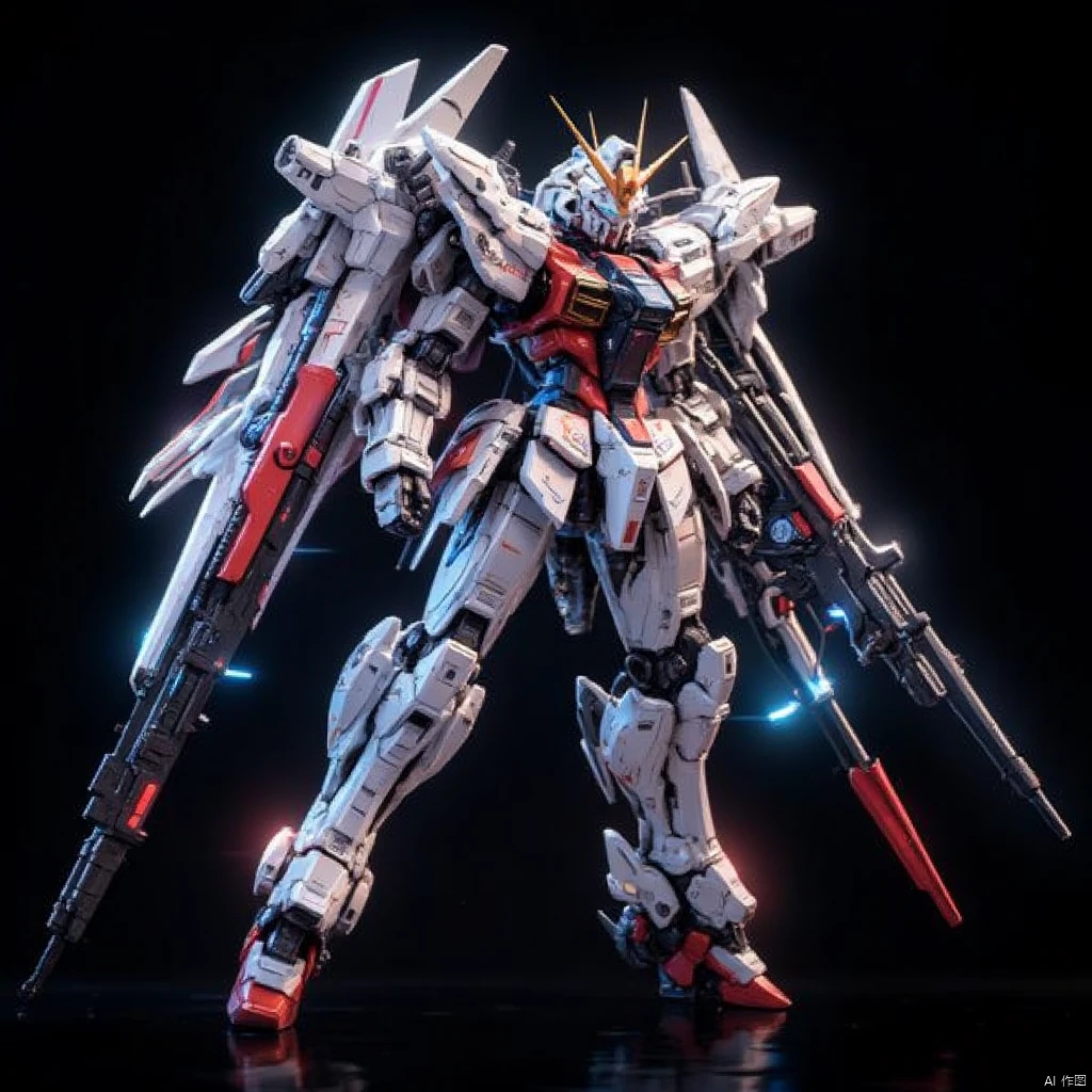 Gundam Robots,a medium-angle shot captures a robot in a stark contrast of white,red,and blue. The robot's body is adorned with red accents,adding a pop of color to the otherwise monochromatic composition. The backdrop is a deep black,creating a striking striking contrast to the robot's white and red accents