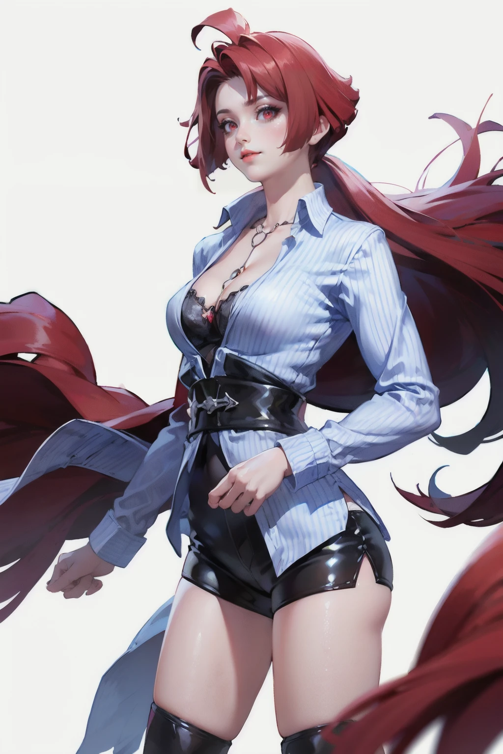 <lora:Dextra_Busy_Monday_AoV_Model_LoRA:0.8>, Dextra_BMD, 1girl, solo, long hair, ponytail, bangs, red hair, looking at viewer, red eyes, lips, red lips, parted lips, closed mouth, necklace, cleavage, breasts, large breasts, shirt, striped, striped shirt, long sleeves, belt, shorts, black shorts, legs, boots, high heels, black footwear, jewelry
, ((white background)), best quality, ultra high res, (photorealistic:1.4), masterpiece, real life skin, hyper real