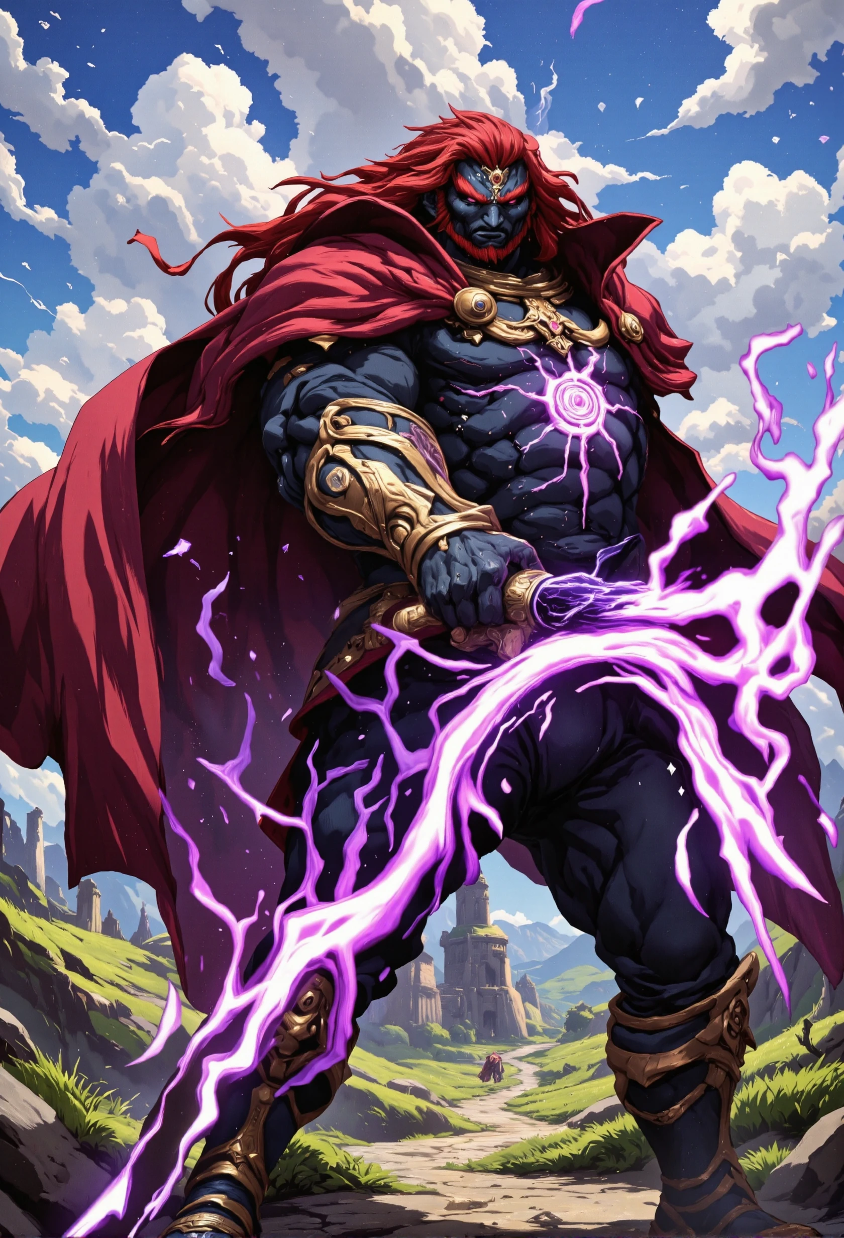 Ganondorf from the Legend of Zelda, detailed anime style, hyrule kingdom grassy field location, purple energy aura, action-fighting pose.holding greatsword 