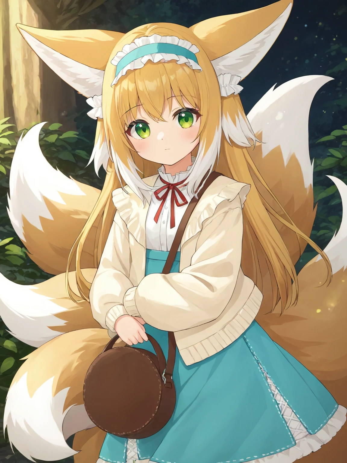 1girl,animal ears,blue frilled hairband,brown footwear,brown open cardigan,brown_crossbody_bag,closed mouth,cyan_high-waisted_skirt,double v,ears down,fox ears,fox girl,fox tail,holding,holding basket,looking at viewer,red neck ribbon,sleeves past wrists,solo,suzuran \(arknights\),toes,white cardigan,white shirt,<lora:linglan-SDXL-lora-2024.10.19-version1-000024:0.55>,