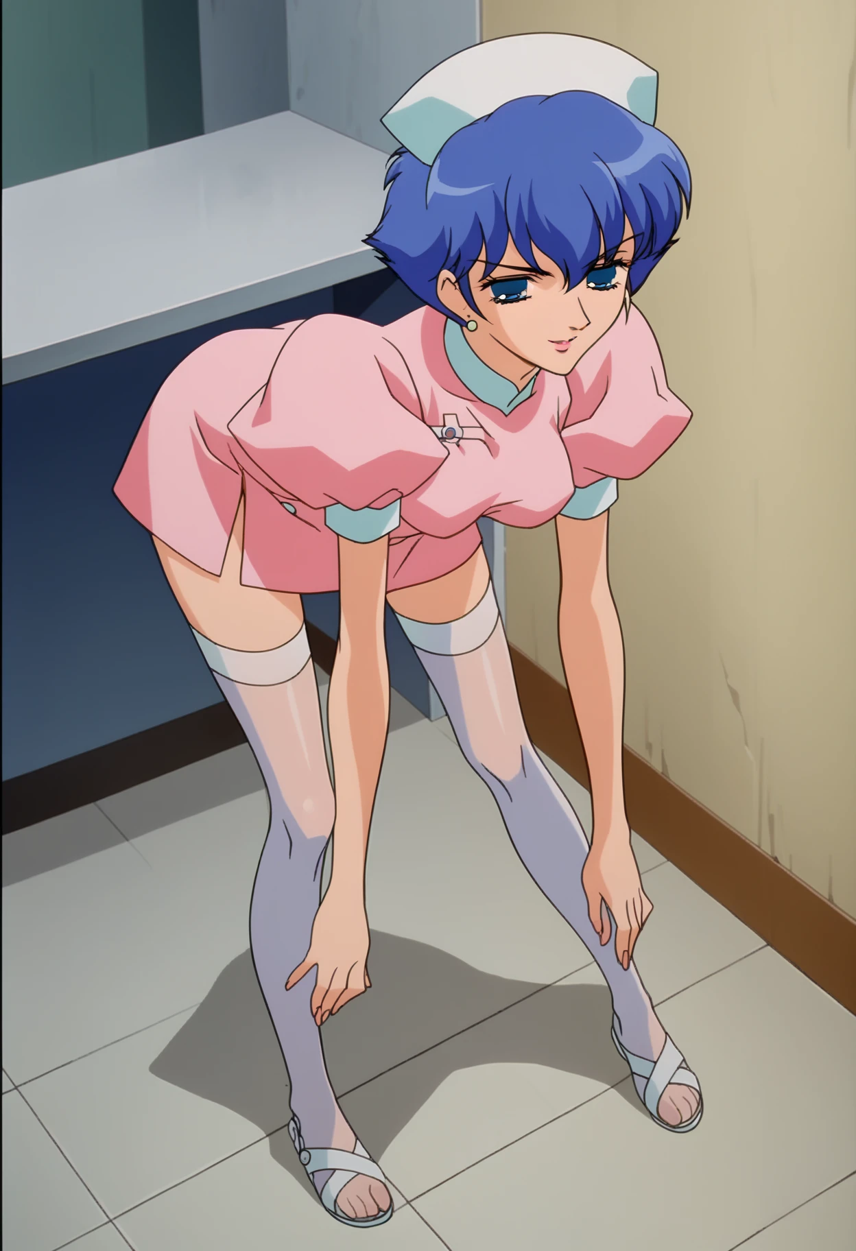 score_9, score_8_up, score_7_up, source_anime,
BREAK
1girl, solo, 1990s \(style\), retro artstyle, anime screencap, anime coloring, 
<lora:shiKozueKaoruVB1.safetensors:1>, shikozuekrng, short hair, blue eyes, blue hair, earrings, 
looking at viewer, indoors,  
shiny skin, shiny clothes, white thighhighs, nurse cap, nurse, medium breasts, leaning forward, bent over, seductive smile, half-closed eyes, 
<lora:shiNurseSandalsV1:0.9> shinursesandals,