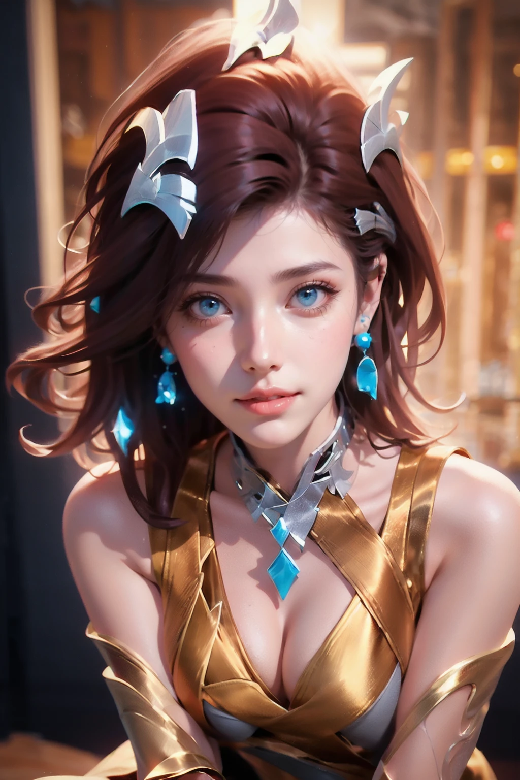 <lora:Lindis_Champagne_Night_AoV_Model_LoRA:0.8>, Lindis_CPN, 1girl, solo, long hair, hair ornament, brown hair, earrings, looking at viewer, blue eyes, lips, parted lips, smile, cleavage, breasts, large breasts, bare shoulders, dress, yellow dress, white dress, gauntlets, see-through, legs, high heels, jewelry, flower, sitting
, ((realistic, photo realistic)), best quality, ultra high res, (photorealistic:1.4), masterpiece, real life skin, hyper real