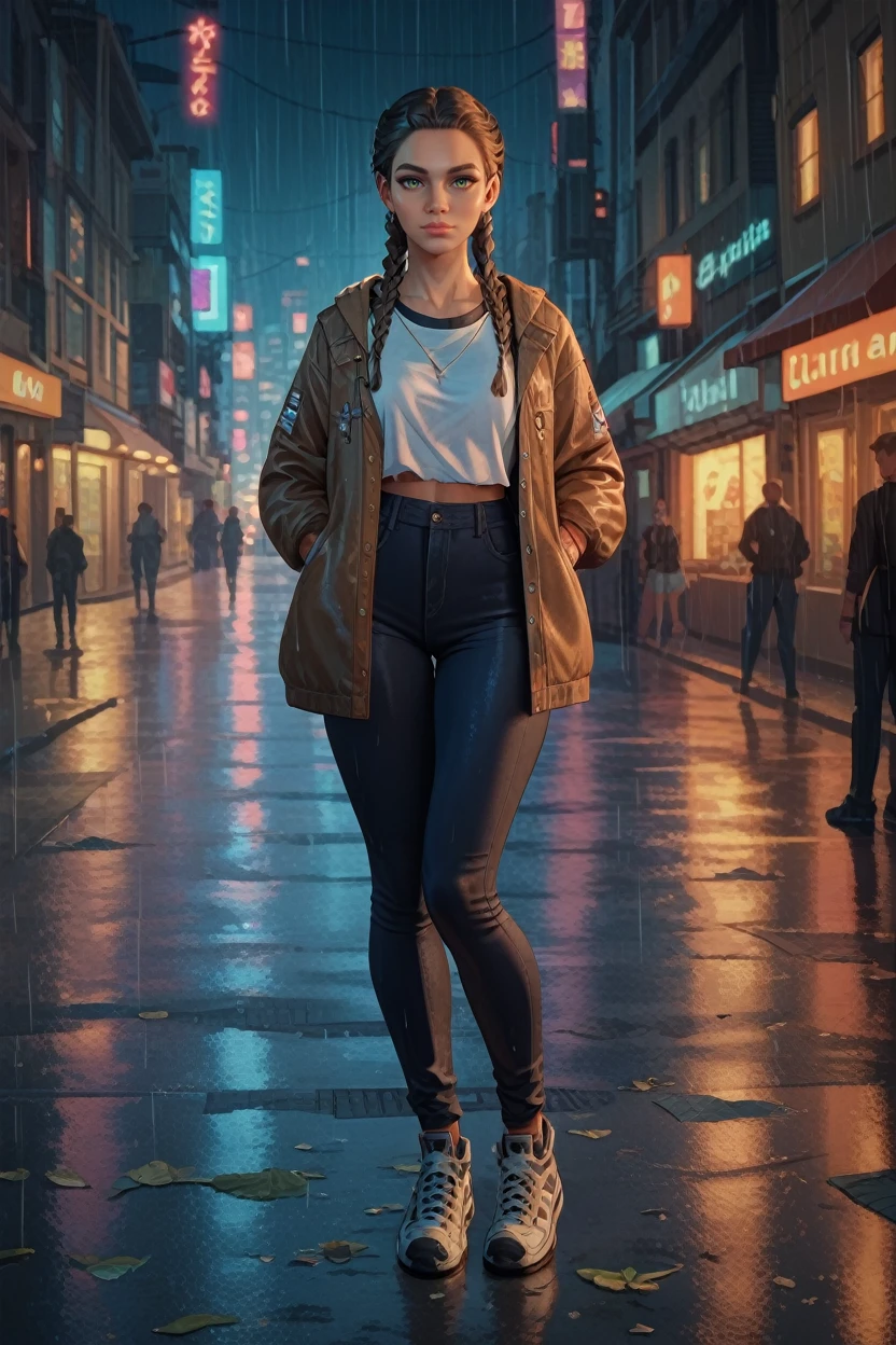 score_9, score_8_up, score_7_up,
<lora:FC6Clara:0.8>
FC6Clara, 1girl, twin braids, brown hair, white streaks, green eyes, looking at viewer, standing in the rain on a neon-lit city street at night, full body