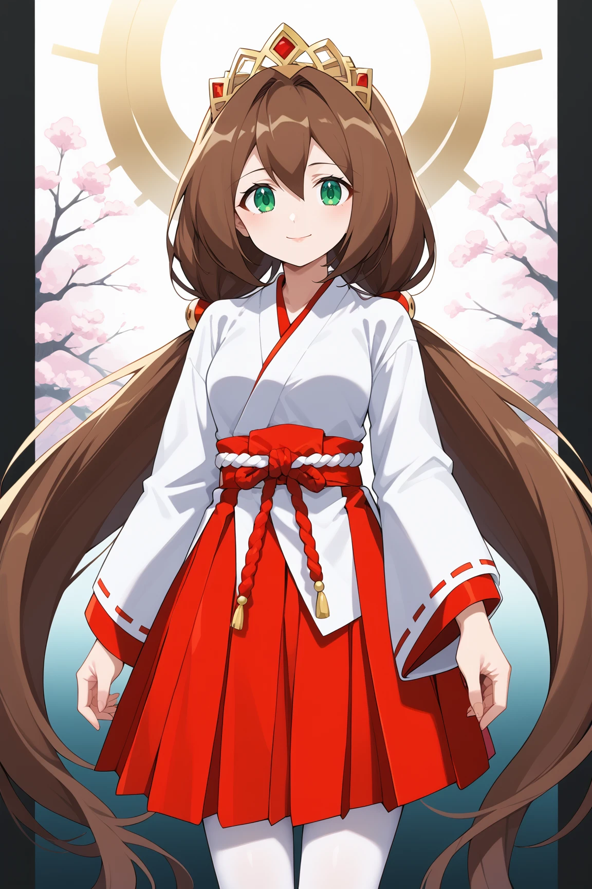 score_9, score_8_up, score_7_up, source anime, prefect lighting, very aesthetic, BREAK, anime coloring,
<lora:iris_mega_man_v1-p6:1>, 1girl, iris \(mega man\), green eyes, brown hair, 
newyeariris, japanese clothes, hakama skirt, miko, wide sleeves, long sleeves, low twintails, tiara, white pantyhose,
BREAK, looking at viewer, light smile, 
BREAK,