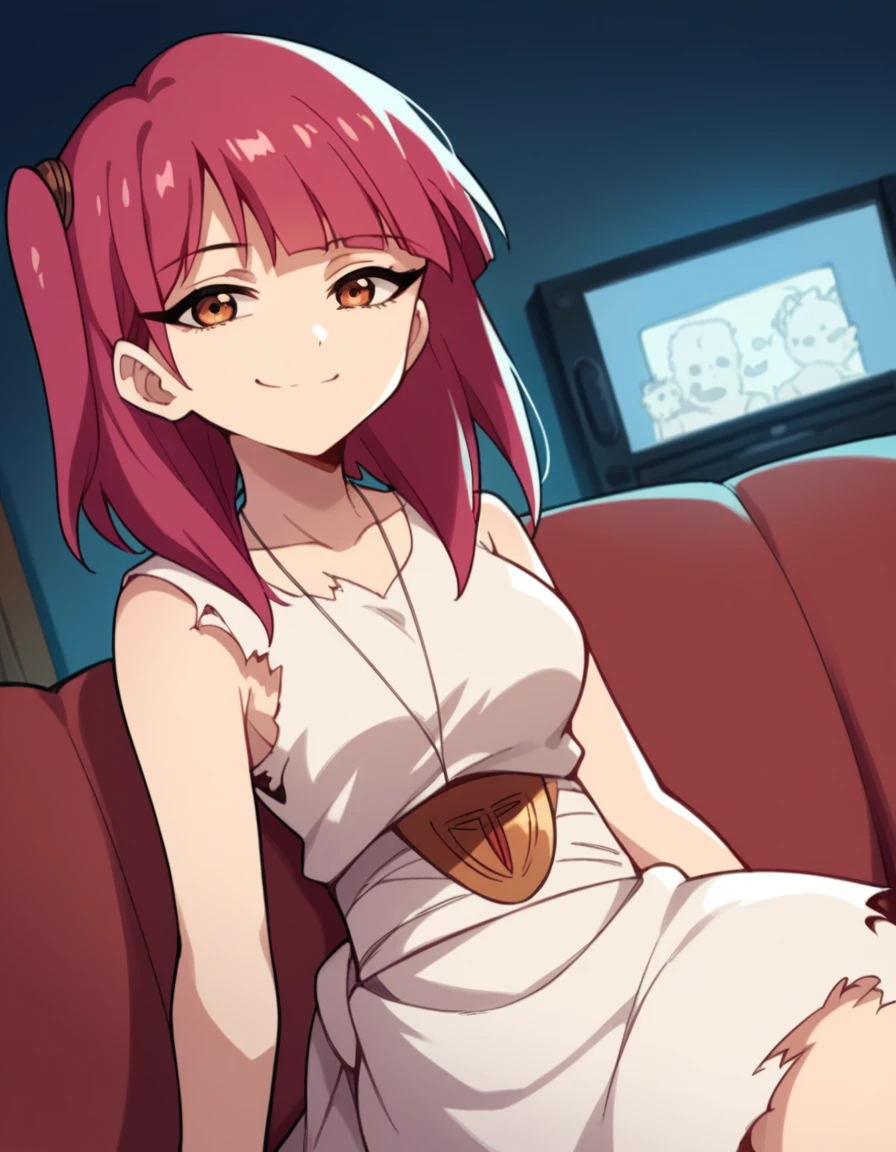 score_9, score_8_up, score_7_up, source_anime, <lora:magi-morgiana-s1-ponyxl-lora-nochekaiser:1>, morgiana, orange eyes, red hair, one side up, medium breasts,, dress, sleeveless dress, collarbone, necklace, torn clothes, torn dress,, living room, television, couch, popcorn, watching movie, night time, sitting,, smile, smug, hand on hips,, looking at viewer, solo,, dutch angle, cowboy shot