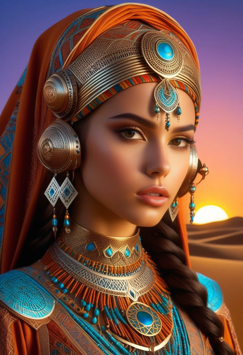 (High quality), (masterpiece), (detailed), 8K, A captivating portrait of a young woman, her (striking features1.2) accentuated by (hyper-realistic1.3) detail. She wears (fantasy-inspired clothing1.2) with a (futuristic twist1.2), blending (Moroccan and Tunisian influences1.2) with a (modern aesthetic1.2). (Intricate patterns1.3) adorn her (elaborate headdress1.2), while (glowing holographic accessories1.2) add a touch of (sci-fi allure1.2). The background hints at a (desert landscape1.2), with (warm sand dunes1.2) and a (vibrant sunset1.2) creating a (dreamlike atmosphere1.2).