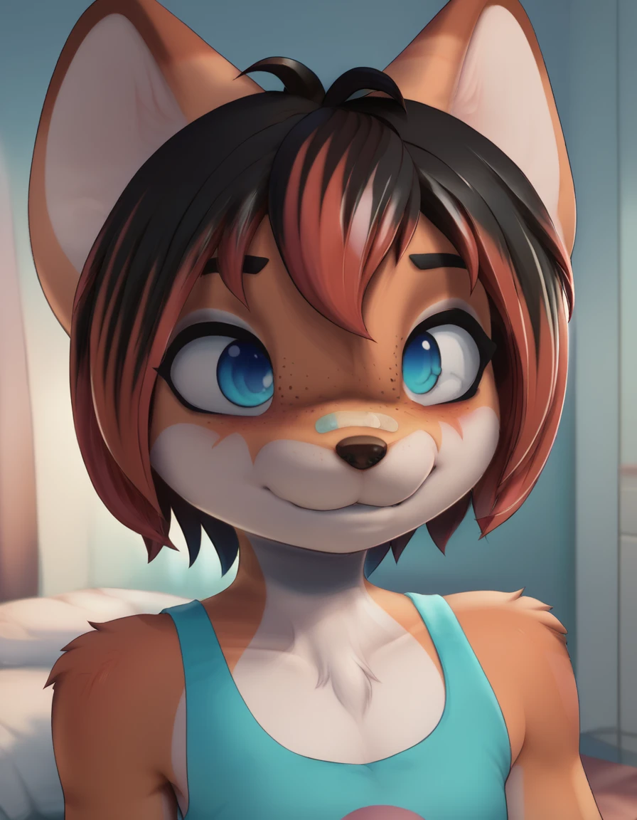 bedroom, 
Kayla,1girl,solo,animal ears,furry,multicolored hair,furry female,short hair,black hair,red hair,blue eyes,two-tone hair,freckles,animal nose,smile,bangs,two-tone fur,nose bandaid, 
upper body, 
<lora:Kayla_v03_PDXL:1>,
<lora:add-detail-xl:1>,