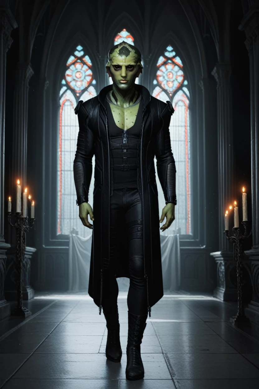 score_9, score_8_up, score_7_up,
<lora:METhane:0.8>
METhane, 1boy, alien, green skin, black eyes, looking at viewer, Gothic cathedral interior with candlelight, dynamic lighting, mysterious and dark, standing, full body