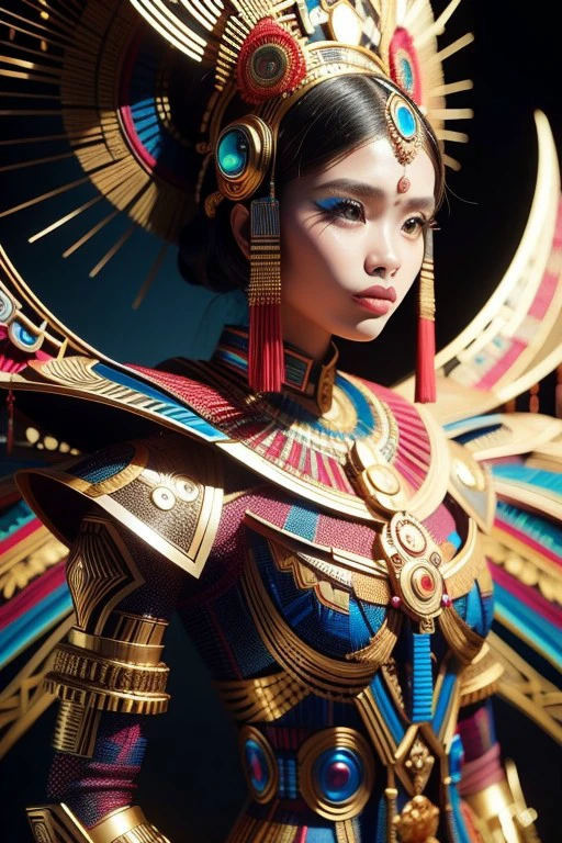 (high quality), (masterpiece), (detailed), 8K, Hyper-realistic painting of a young Indonesian woman wearing a futuristic suit that blends traditional patterns and vibrant colors, showcasing the rich heritage of Indonesia. She stands confidently in a dynamic pose, her detailed eyes reflecting determination and curiosity. The suit's material is a combination of traditional textiles and futuristic synthetic fabrics, giving it a unique and avant-garde appearance. Physically-based rendering techniques create realistic lighting and shadows, while the vivid colors capture the essence of Indonesian cultural aesthetics. The background features a fusion of modern architecture and traditional elements, creating a harmonious blend of the past and the future. This artwork explores the intersection of Indonesian culture, futuristic design, and the artistic representation of a confident girl.