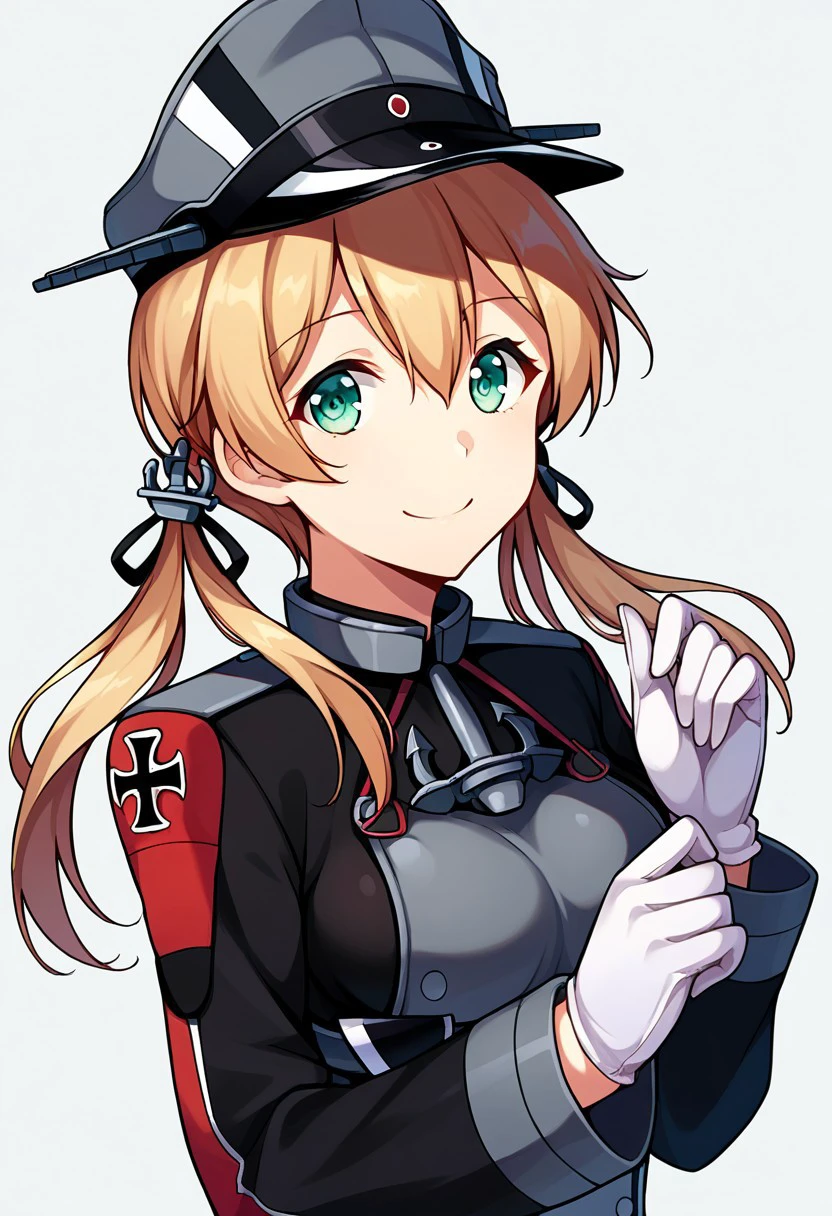 score_9, score_8, score_7, source_anime, prinz eugen (kancolle), low twintails, anchor hair ornament, long sleeves, military hat, military uniform, iron cross, gloves, cross, white gloves, smile