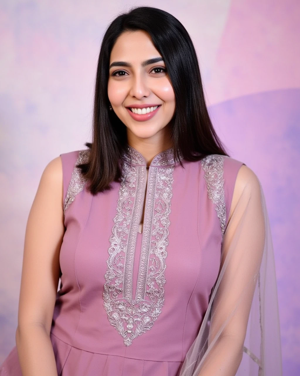 headshot photo aishwarya lekshmi woman,paparazzi photo, smiling face,studio quality, wearing intricate high neck elegant Mauve  Pants_kurta, straight hair, darker pastel shaded multicolored background<lora:TestBed\Aish_Lekshmi_Flux_Kohya_V1-step00000300.safetensors:1.0:1.0>