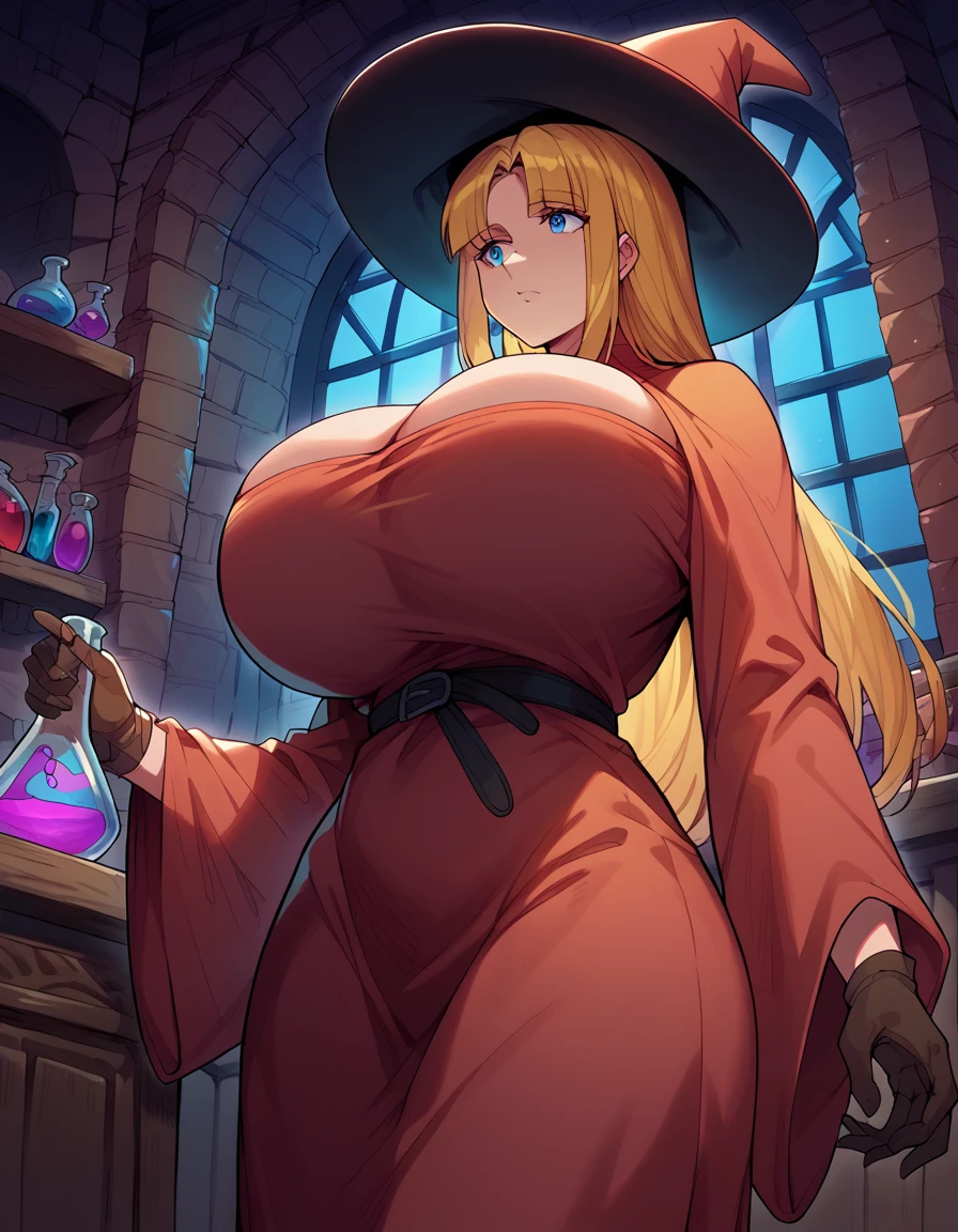 score_9, score_8_up, score_7_up, source_anime, <lora:chloe-mansfield-s1-ponyxl-lora-nochekaiser:1>, chloe mansfield, long hair, bangs, blue eyes, blonde hair, huge breasts,, <lora:wizard-ponyxl-lora-nochekaiser:1>, wizard, wizard hat, robe, dress, long sleeves, gloves,, indoors, bricks, potion, flask, vial,, cowboy shot,, , dutch angle, cowboy shot