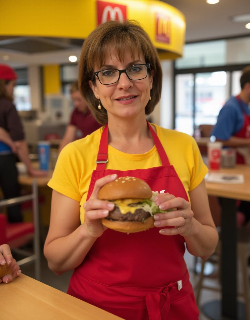 Lady Sonia  is woman with glasses wearing a mcdonalds uniform and works in a mcdonalds and is serving burgers and fries <lora:Lady_Sonia:0.9>