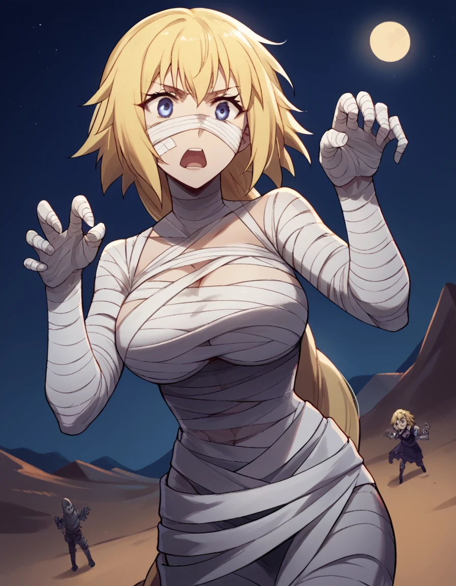 score_9, score_8_up, score_7_up, source_anime, <lora:jeanne-d-arc-apocrypha-s1-ponyxl-lora-nochekaiser:1>, jeanne d arc, blonde hair, blue eyes, long hair, large breasts,, <lora:mummy-costume-ponyxl-lora-nochekaiser:1>, mummy costume, bandages, halloween costume, bandaged arm, zombie pose, bandage on face,, desert, moon, night, open mouth, , dutch angle, cowboy shot