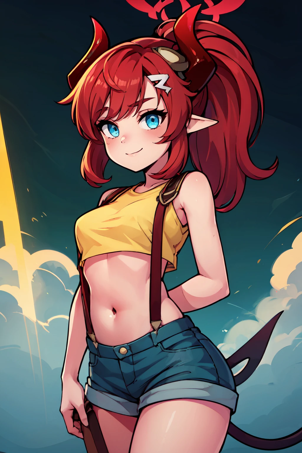 ((masterpiece,best quality)), absurdres,  BREAK, , <lora:Megu_BlueArchive_Citron:0.8>,, zzMegu, red hair, horns, demon horns, long hair, blue eyes, ponytail, halo, pointy ears, hair ornament, red horns, tail, demon tail, , BREAK,  <lora:Misty_Pokemon_Cosplay_v3:0.8>,  misty (pokemon) (cosplay), yellow crop top, suspenders,, BREAK, solo, smile, looking at viewer, cowboy shot,