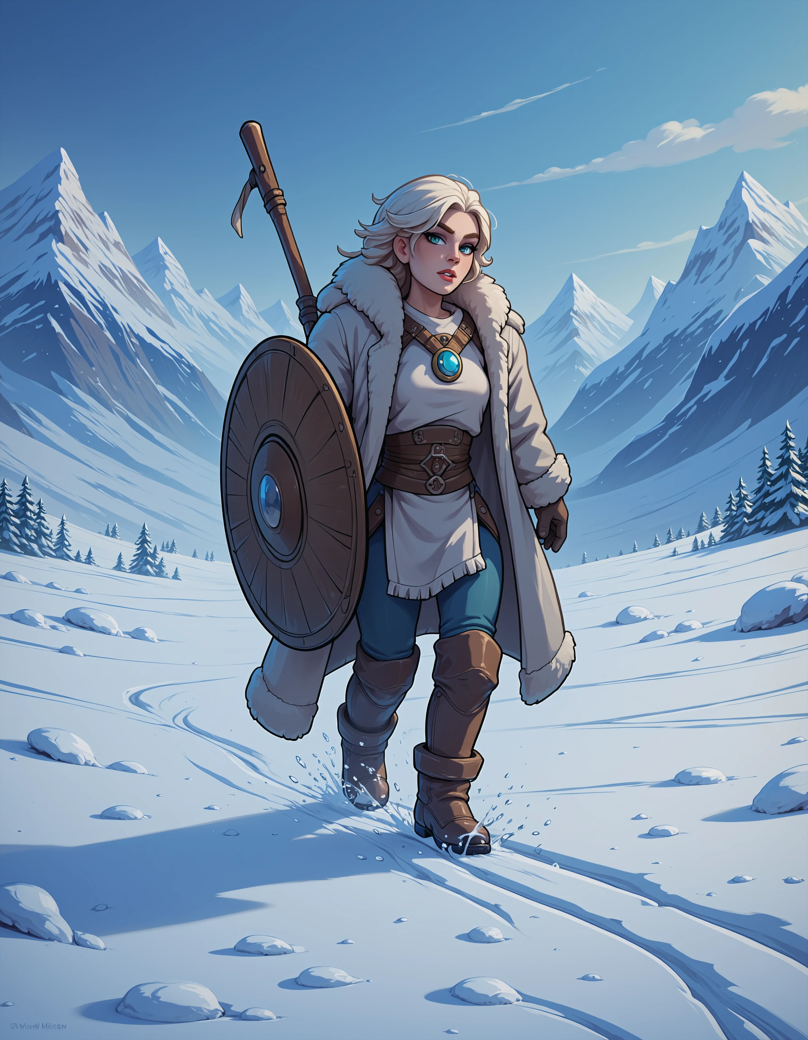 cflxcrtn3, cartoon,
frozen tundra of the northern wastes, a pale-skinned woman with platinum hair, wrapped in thick furs, trudges through waist-deep snow, her breath fogging in the bitterly cold air. Her blue eyes, sharp and fierce, scan the horizon, where towering mountains rise against a sky darkening with an approaching blizzard. Despite the biting wind that cuts through her clothing, her expression remains one of cold determination, her body moving with steady purpose through the harsh environment. The ice clings to her fur-lined cloak, and her face is flushed with the cold, but her pace never falters, even as the storm grows nearer. Her hands grip a wooden staff, its surface worn smooth from years of use, and strapped to her back is a massive, battle-scarred shield that has clearly seen its share of conflict. Around her, the tundra stretches out endlessly, a barren wasteland of ice and snow, but she moves forward with unwavering resolve. Her boots crunch through the frost, leaving a trail behind her, the only sign of life in the desolate landscape. The scene is a testament to endurance in the face of natures brutal extremes, a woman whose strength lies not just in her body, but in her unshakable spirit
 <lora:CFlux Cartoon 3:1>