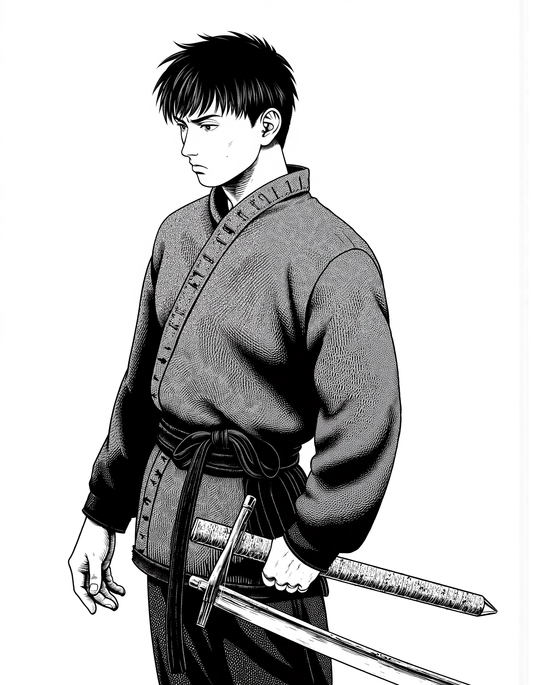 m4kyuk1, a monochrome manga styled image, a man holding a sword.