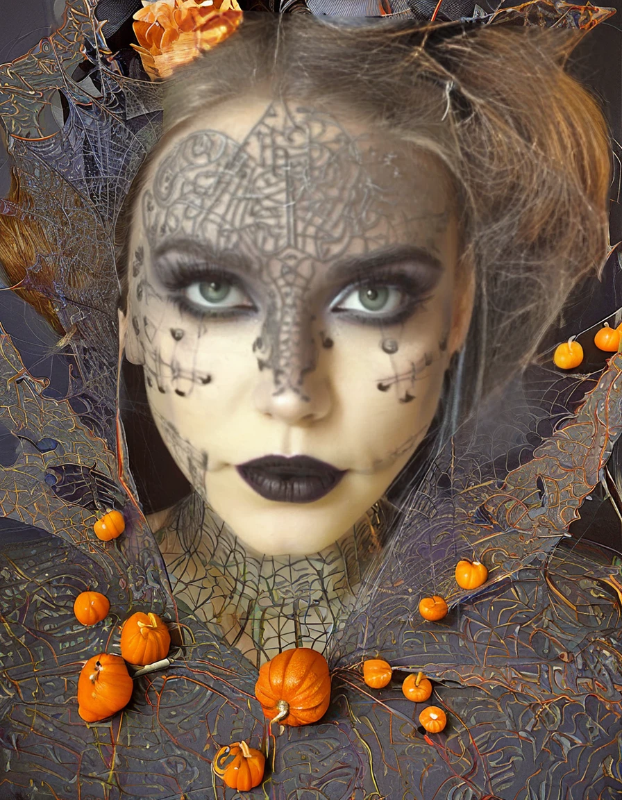 <lora:HalloweenGirls:1>Halloween, intricate portrait of a young woman, creative, playful