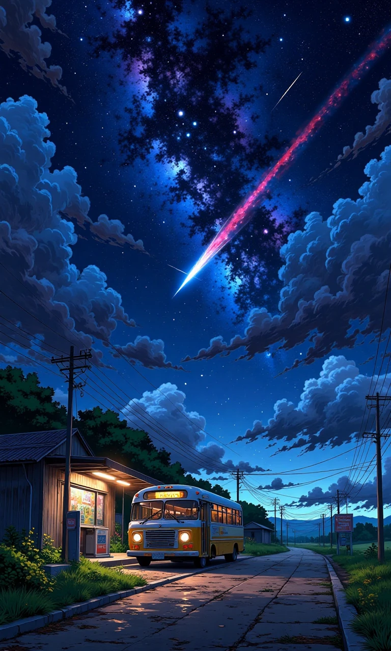 A rural scene with a bus parked at a bus stop and a colorful shooting star flying across the sky