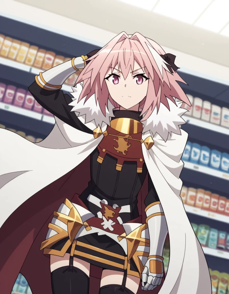 score_9, score_8_up, score_7_up, source_anime, <lora:astolfo-apocrypha-s1-ponyxl-lora-nochekaiser:1>, astolfo, long hair, pink eyes, hair ribbon, pink hair, braid, ahoge, white hair, male focus, multicolored hair, streaked hair, single braid, otoko no ko, long braid,, thighhighs, black thighhighs, cape, armor, fur trim, garter straps, gauntlets, cloak, white cape,, music store, browsing records, headphones, vinyl collection, nostalgic, , hand behind head, , looking at viewer, solo,, dutch angle, cowboy shot