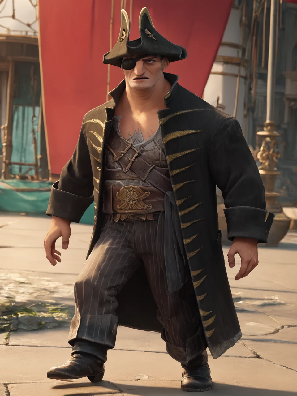 A hippo-man with a pirate rifle in his hands