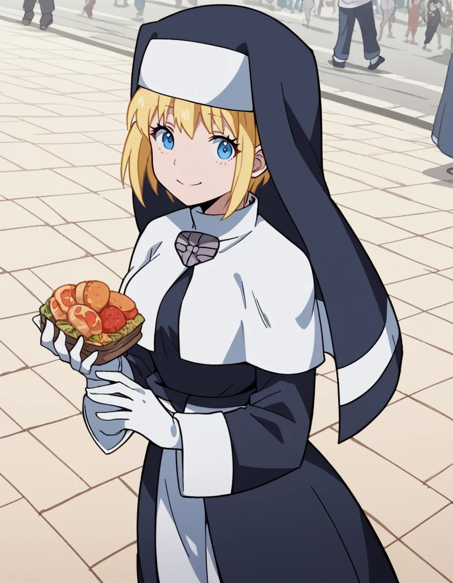 score_9, score_8_up, score_7_up, source_anime, <lora:fireforce-iris-s1s2-ponyxl-lora-nochekaiser:1>, iris, short hair, blonde hair, blue eyes, medium breasts,, gloves, long sleeves, white gloves, robe, nun, habit, street market, vendor, street food, bustling crowd, local flavor, vibrant, smile, from above,, looking at viewer, solo,, dutch angle, cowboy shot