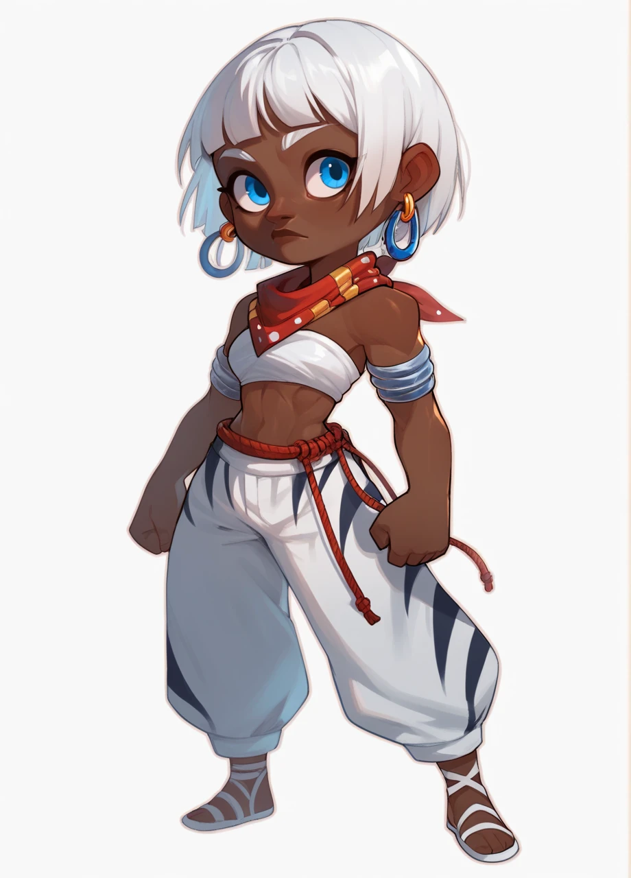 <lora:SF_Elena-PONY:0.8> 1girl, solo, white hair, blue eyes, very dark skin, elenasf6, bob cut, hoop earrings, neck bandana, bandeau, armlets, rope belt, pants, chibi, full body, white background, score_9, score_8_up, score_7_up, score_6_up,