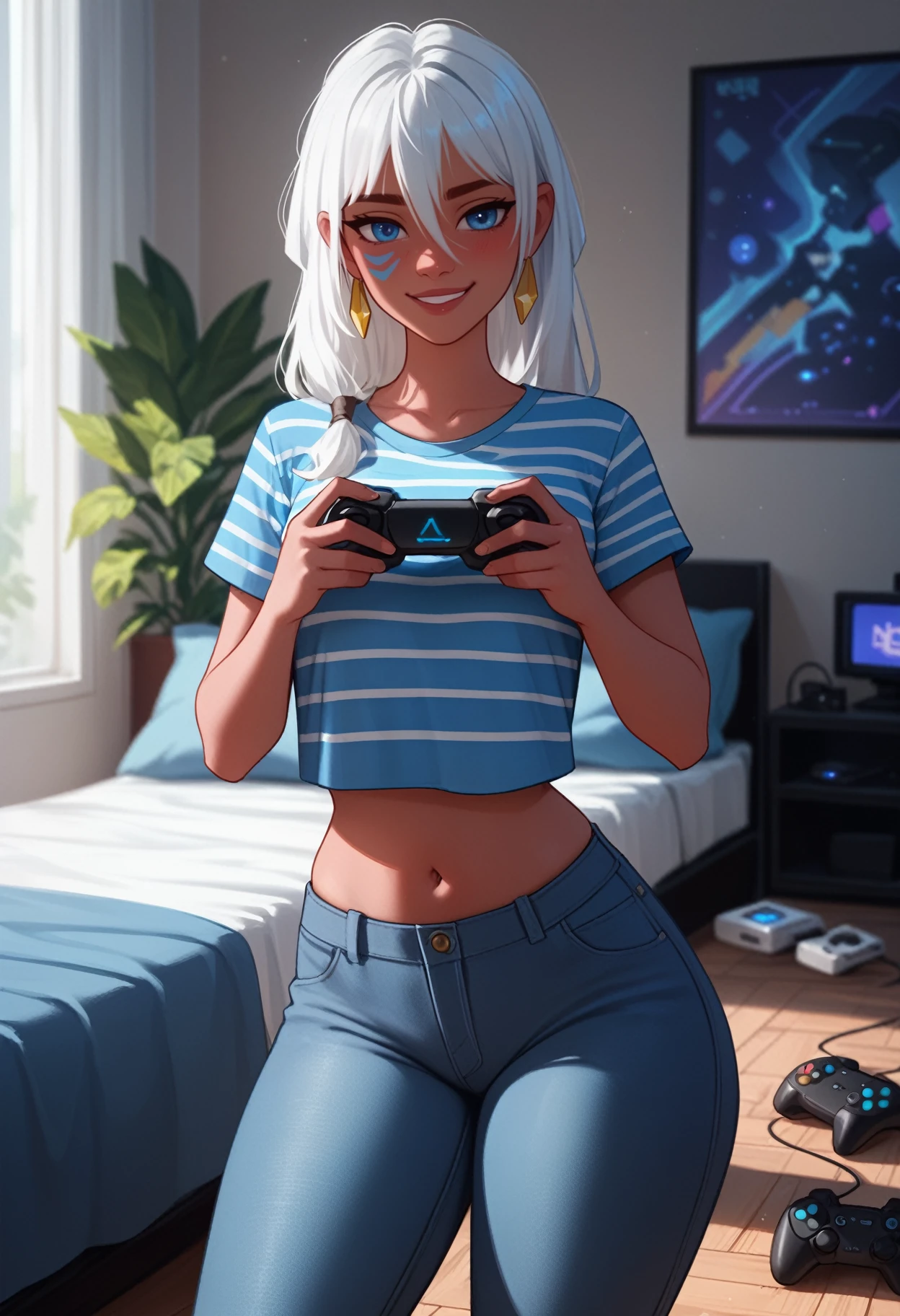 zPDXL3, score_9, score_8_up, score_7_up, score_6_up, score_5_up, score_4_up, 
1girl, solo, medium breasts, skindentation, thick thighs, 
smug, arms at sides,
striped shirt, pants, 
bedroom, playing games, gamecube, gamecube controller, 
<lora:Atlantis - Kida v1:1> atkida, blue facial mark, white hair,