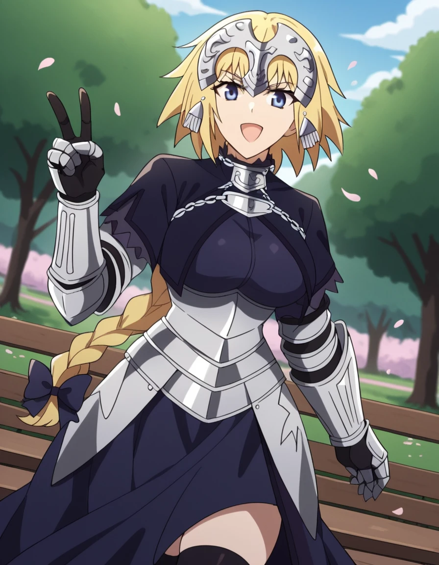 score_9, score_8_up, score_7_up, source_anime, <lora:jeanne-d-arc-apocrypha-s1-ponyxl-lora-nochekaiser:1>, jeanne d arc, blonde hair, blue eyes, long hair, large breasts,, armor, armored boots, armored dress, black gloves, black thighhighs, braid, dress, gauntlets, gloves, headpiece, blue dress, single braid, thighhighs,, park, cherry blossoms, bench, gentle breeze, peaceful, running, open mouth,, , v, v over mouth, smug,, looking at viewer, solo,, dutch angle, cowboy shot