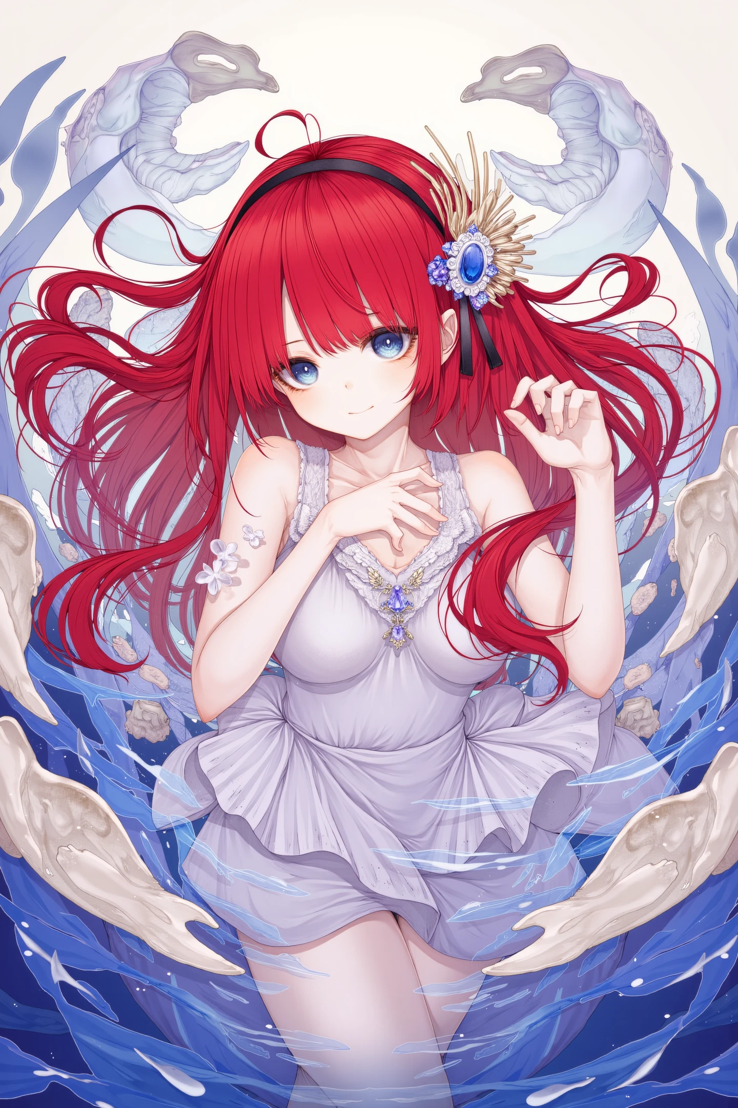 1girl,solo,red hair,long hair,blue eyes,looking at viewer,gem,jewelry,upper body,floating hair,bangs,water,shell,hair ornament,dress,
<lora:Hito komoru_FLUX:1>,