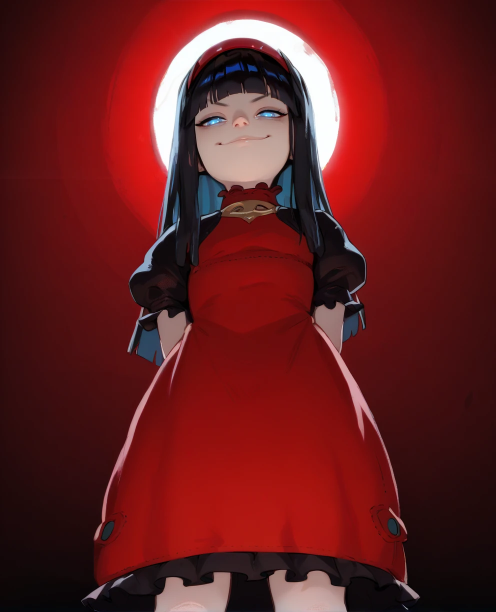 score_9,score_8_up,
n2rdgxl,blue eyes,black hair,blunt bangs,
red dress,dark puffy sleeves,red hairband,
looking at viewer,arms behind back,from below,smug,
solo, standing, 
void, red lighting, 
<lora:N2RedGxl:1>,