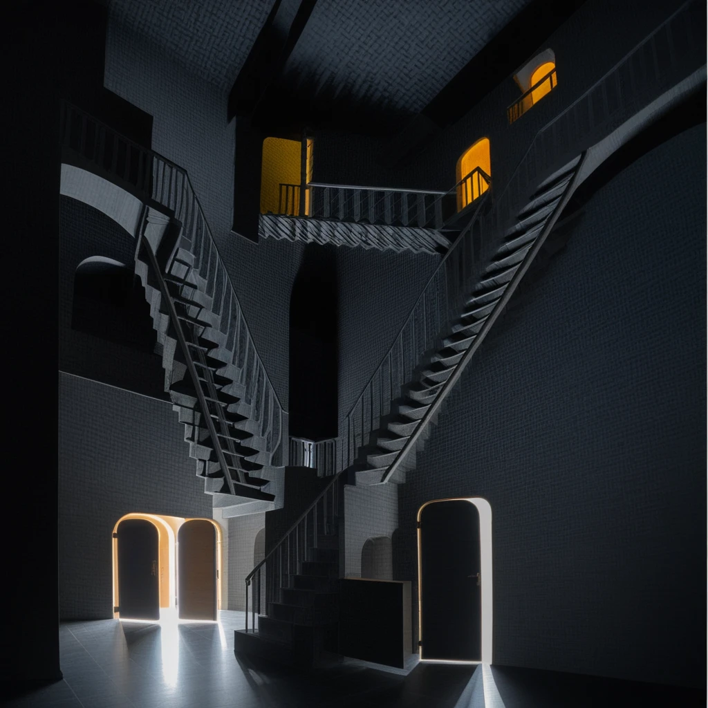 escher_stairs, Escher style, photograph, stairs, shadows, arches, doors, illusion, maze of stairs