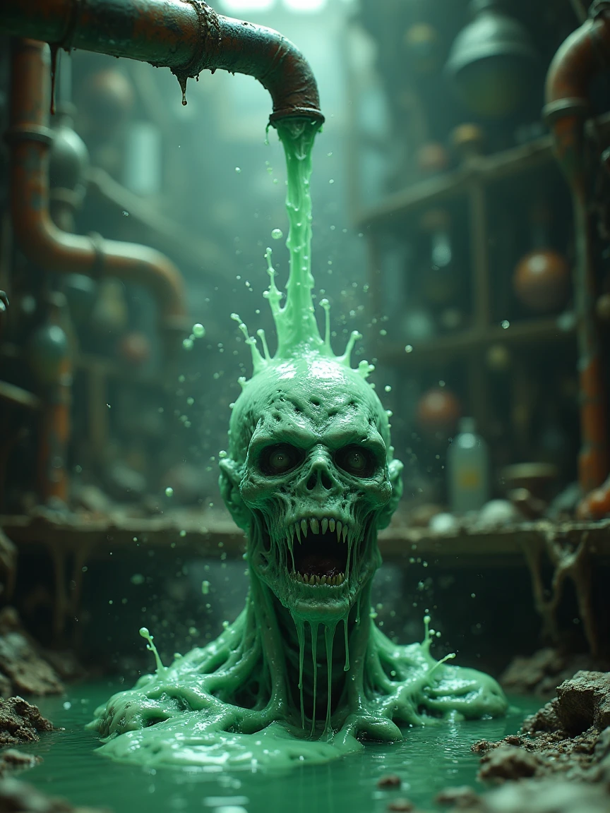 A pipe extends from the top of the frame. a laminar flow stream of translucent green goo pours down over a demonic zombie's head. Splashing everywhere. The background is some sort of fantasy chem-magic workshop. Highly detailed atmospheric scenery.