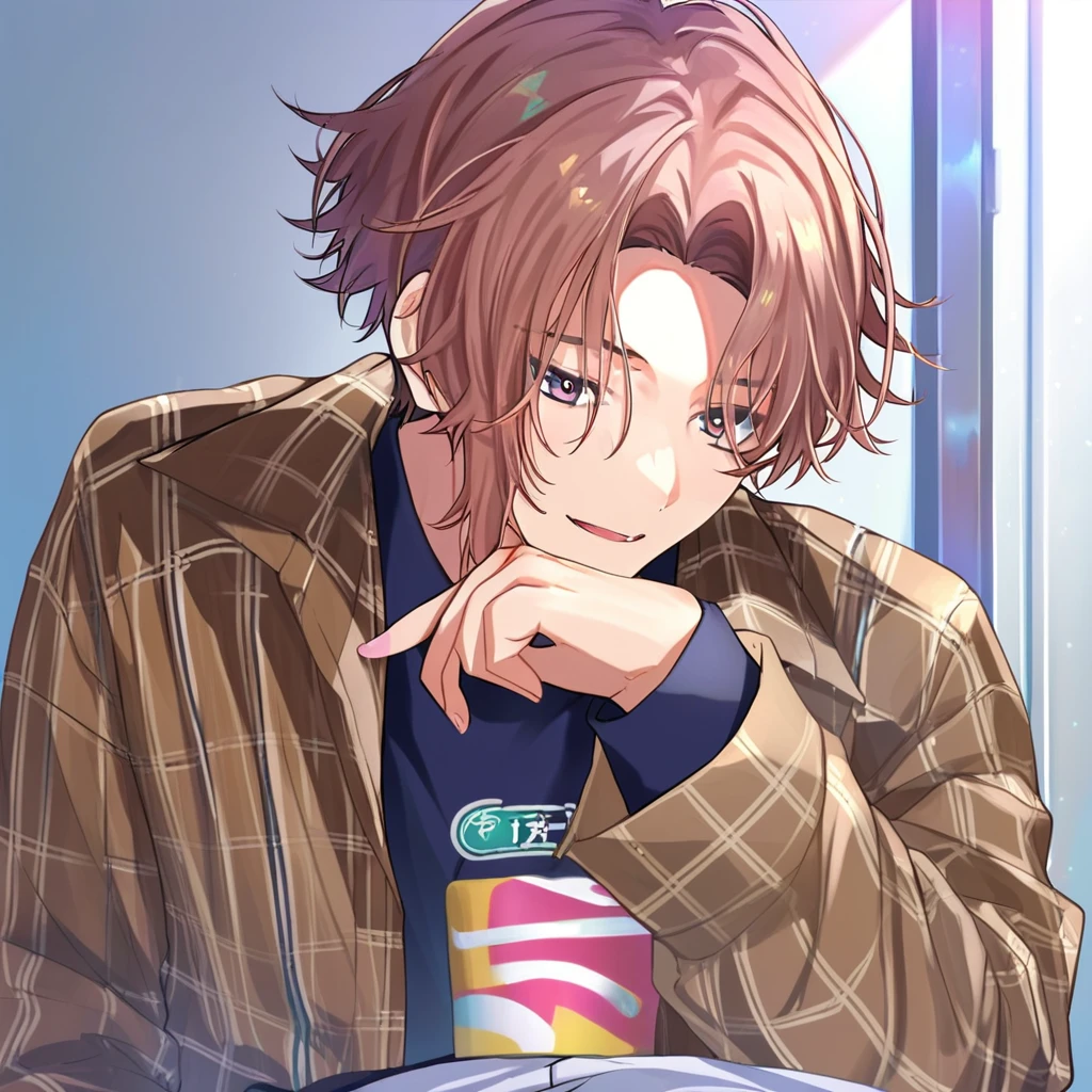 1boy, nanamegi nanaki, default costume, solo focus, plaid jacket, long sleeves, parted bangs, brown hair, score_8_up, highly_detailed