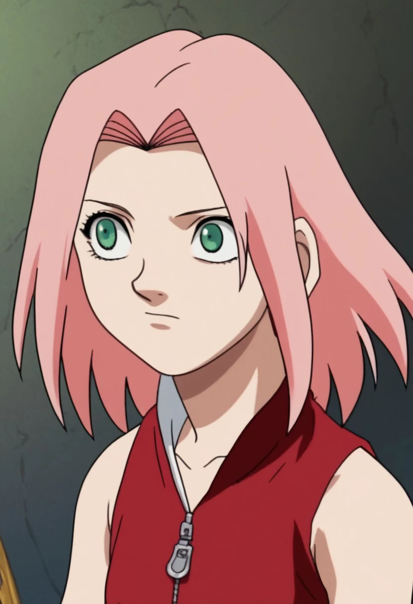 score_9,score_8_up,score_7_up,score_6_up,source anime, anime screencap,
<lora:sakura-haruno-s1-ponyxl-lora-nochekaiser:1>, sakura haruno, medium hair, green eyes, pink hair, parted bangs, dress, bare shoulders, collarbone, sleeveless, sleeveless dress, zipper, zipper pull tab, forehead protector, solo, 1girl