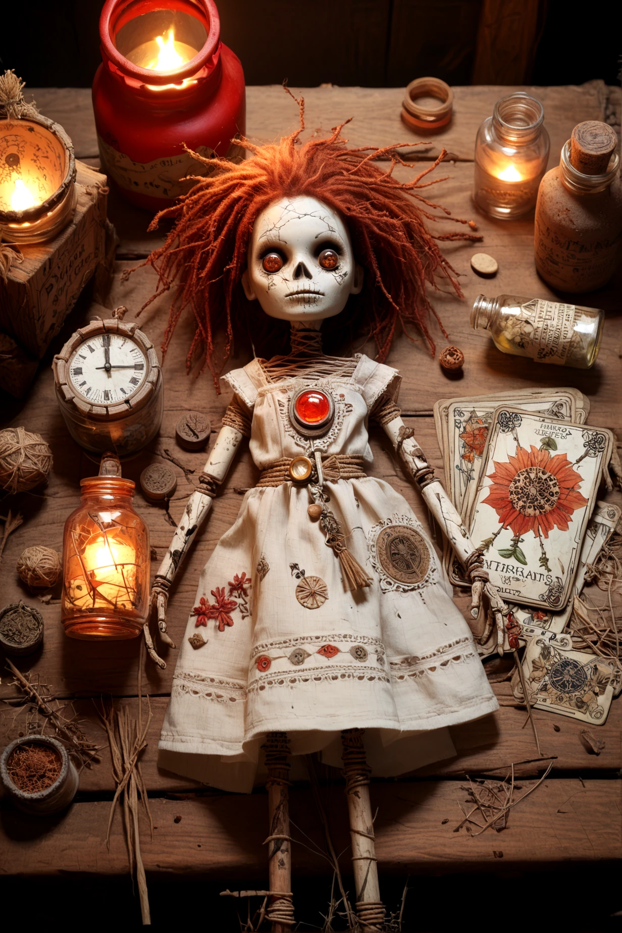 score_9, score_8_up, score_7_up, score_6_up, Doll Whisper, wide-angle view, small straw doll, knotted hair, rusty pin in chest, circle of salt, tarot cards, broken pocket watch, clay jar with dried herbs, glass bottles on shelf, red lantern light, cracked wooden surface