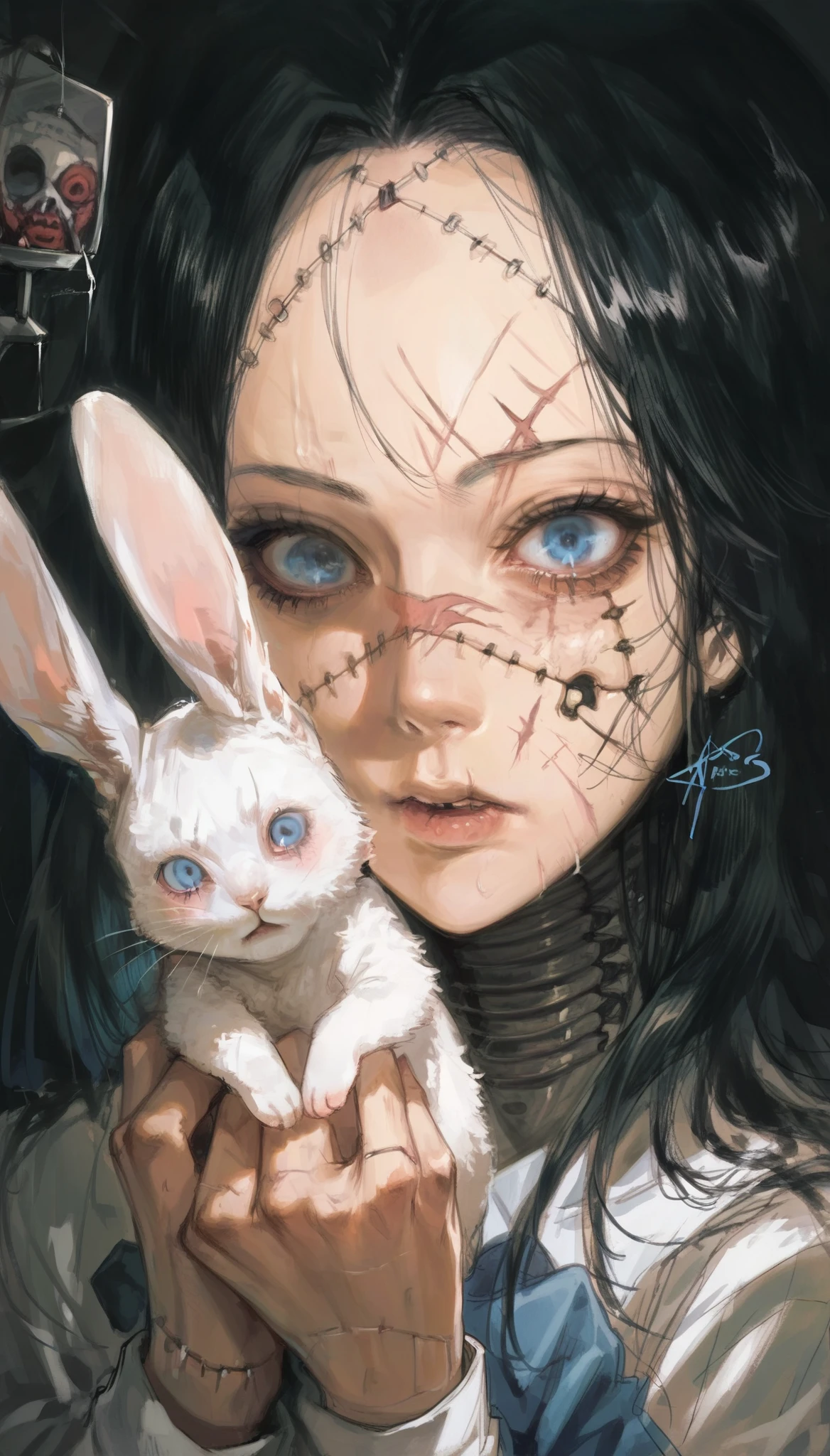 score_9, score_8_up, score_7_up,an illustration of a drawing of a girl holding a rabbit ,eyes wide open, black hair, looking at viewer, blue eyes, stitches, darkness, horror (theme), scar on face,