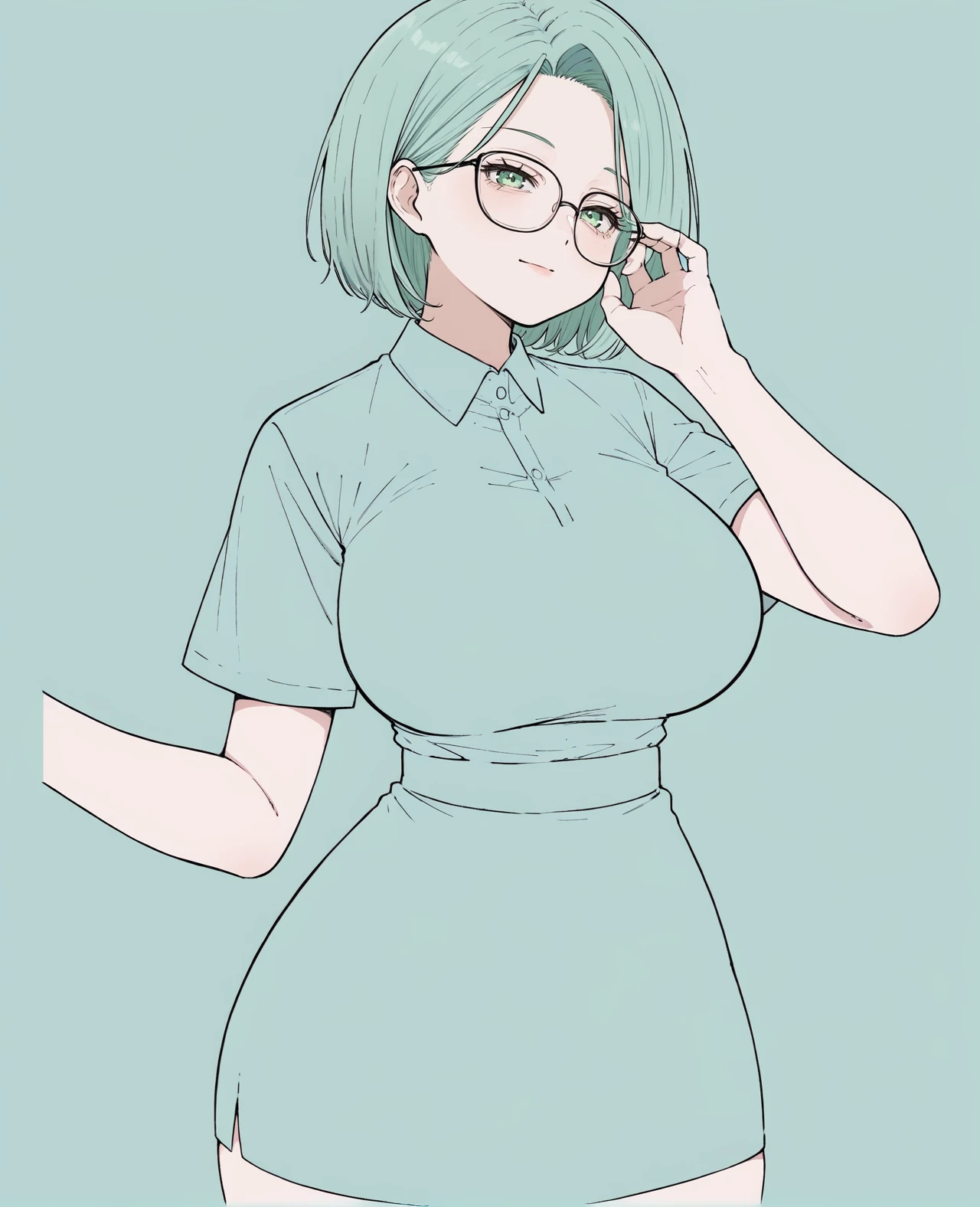 blending,source_anime, score_9, score_8_up, score_7_up, score_6_up, score_5_up, 1girl, large breasts, wide hips, posing, pale skin, hand on own face, glasses, green skirt, green hair, green background,<lora:Blending:1.6>