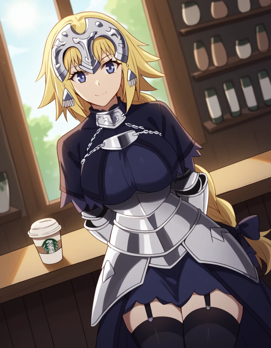 score_9, score_8_up, score_7_up, source_anime, <lora:jeanne-d-arc-apocrypha-s1-ponyxl-lora-nochekaiser:1>, jeanne d arc, blonde hair, blue eyes, long hair, large breasts,, armor, armored boots, armored dress, black gloves, black thighhighs, braid, dress, gauntlets, gloves, headpiece, blue dress, single braid, thighhighs,, cafe, coffee cup, barista, sitting down, talking, relaxing, sunlight through window, smile, hands behind back, bent over,, looking at viewer, solo,, dutch angle, cowboy shot