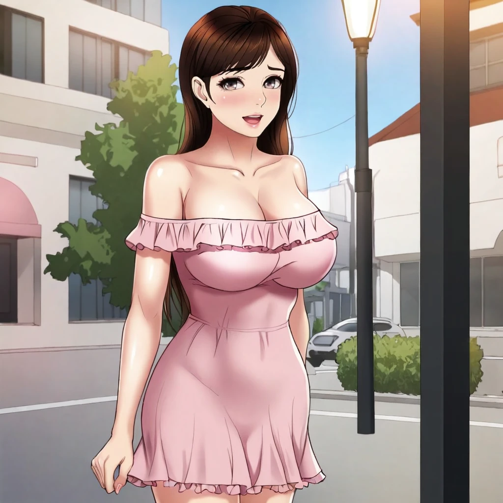 <lora:YeonSu_pony_v1:.8>YeonSu, 1girl, large breasts, brown hair, pink dress, long hair, bare shoulders, cleavage, brown eyes, frills, off shoulder, collarbone, off-shoulder dress, cowboy shot