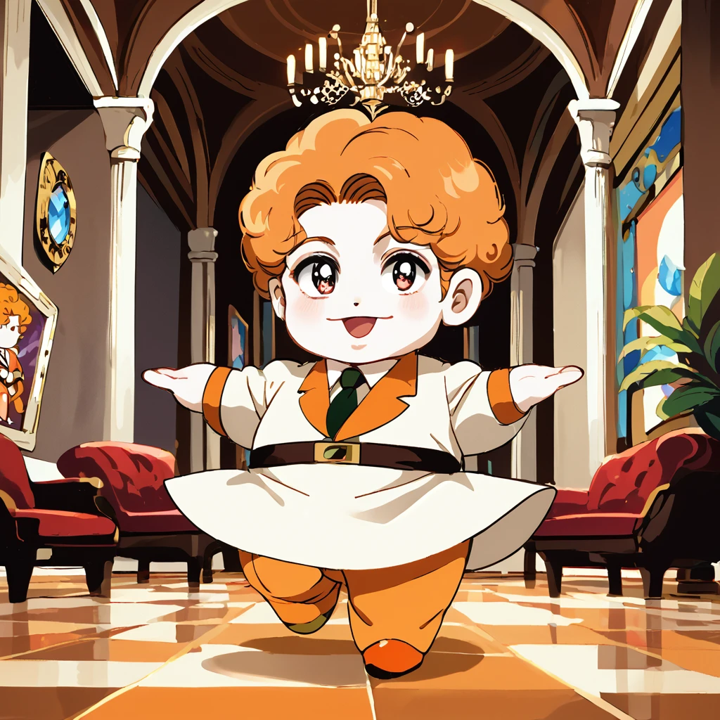 retro anime, solo chibi male, happy eyes, orange curly hair, regal costume, chandelier, marble flooring, <lora:patallirokiP:0.7>, (score_9, score_8_up, score_7_up)