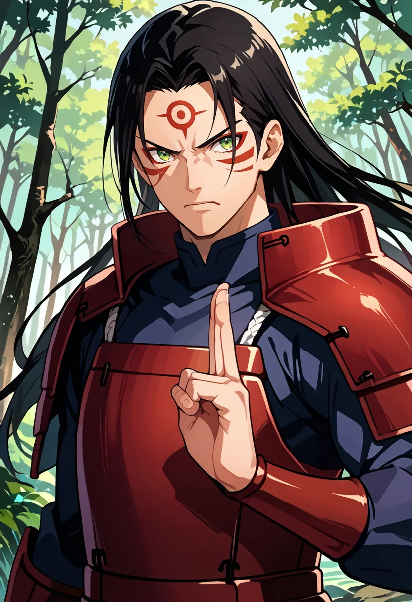 source_anime, (masterpiece), (best quality), score_9, score_8_up, score_7_up, (masterpiece:1.2), (best quality:1.3), source_anime, 1boy, solo, long hair, black hair, male focus, portrait, facing the viewer, armor <lora:Hashirama_Senju:0.8> hashirama_shodai, hashirama_sage, forehead mark, facial mark, eye mark, forest background, impact frame, angry expression, dynamic action pose <lora:hand_gesture_æå°ìì¸:0.55> hand gesture, masterful composition, dynamic movement <lora:Anime Style (Vauxz) PONY:0.8>