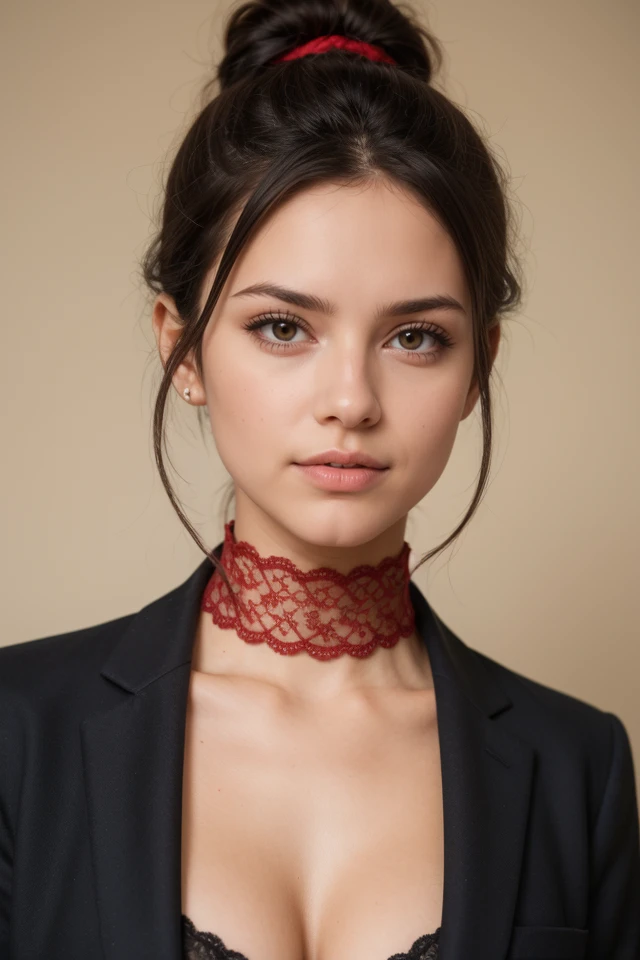 A young Brazilian girl with sleek black hair, styled into a neat low bun, wearing a red lace choker. She is dressed in a tailored black blazer over a red lace top, exuding elegance and confidence. Her soft makeup enhances the formal atmosphere,