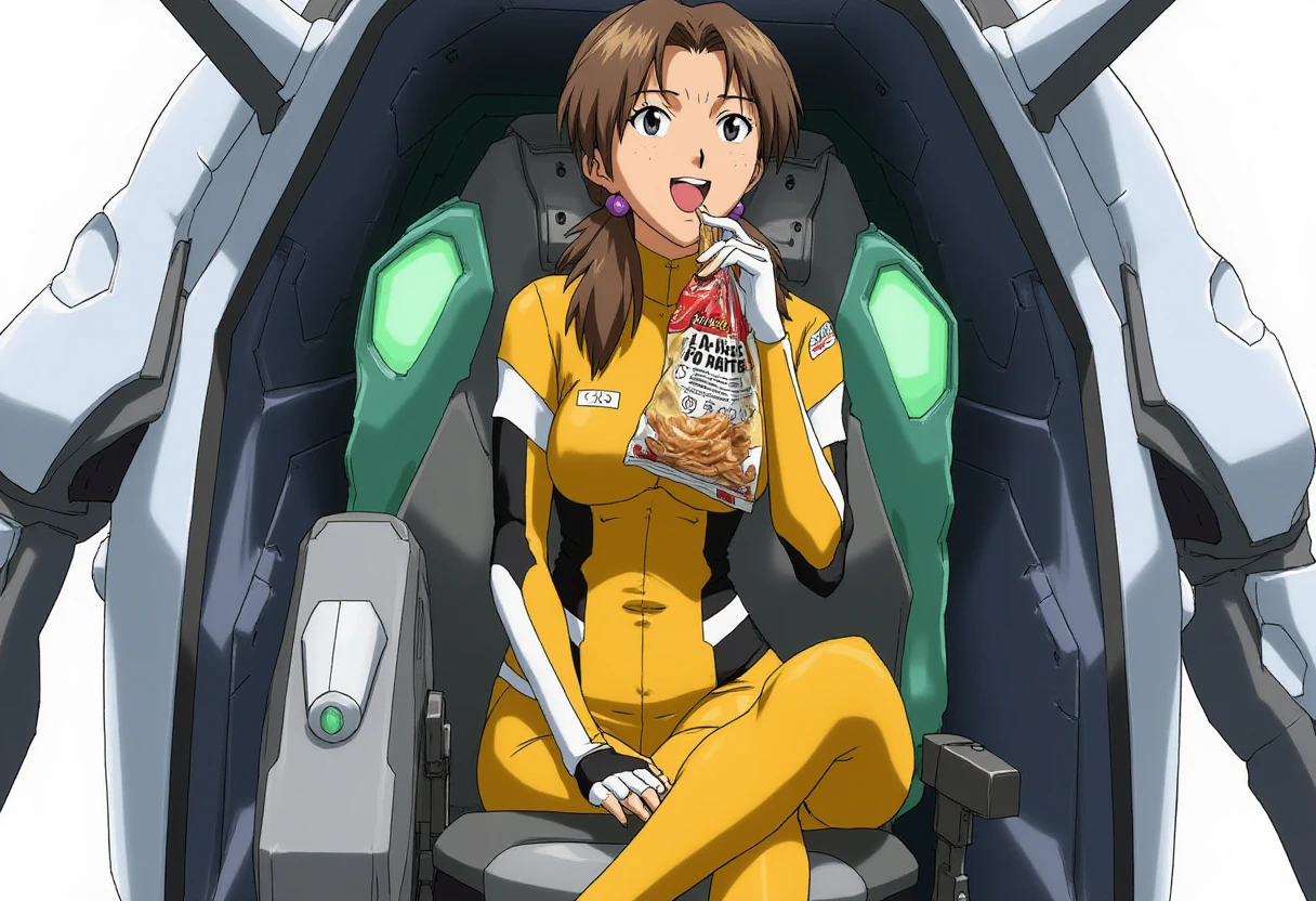 A detailed solo portrait of horaki hikari
Anime style, sharp, high contrast and highly detailed.,
<lora:evangelion_horaki_hikari_512_flux_v2_2-000020:1>,
She wears a yellow EVA plugsuit, a form-fitting yellow and black bodysuit with white and green accents. The suit has a futuristic, sleek design, featuring detailed paneling and numbered "05" markings. She sits in a futuristic cockpit of an EVA robot, one leg over another. She is eating a bag of chips. She looks happy and a little embarrassed.