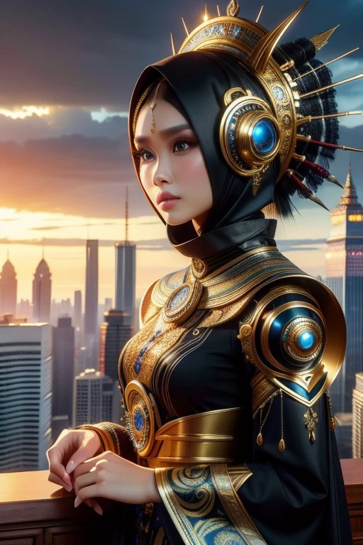 (High quality), (masterpiece), (detailed), 8K, A captivating portrait of a young Indonesian woman, her features rendered with exquisite hyper-realism. She wears a fusion of traditional and futuristic attire, blending intricate batik patterns with sleek, modern fabrics. The background hints at a bustling cityscape, blending ancient architecture with futuristic elements, creating a unique blend of old and new.