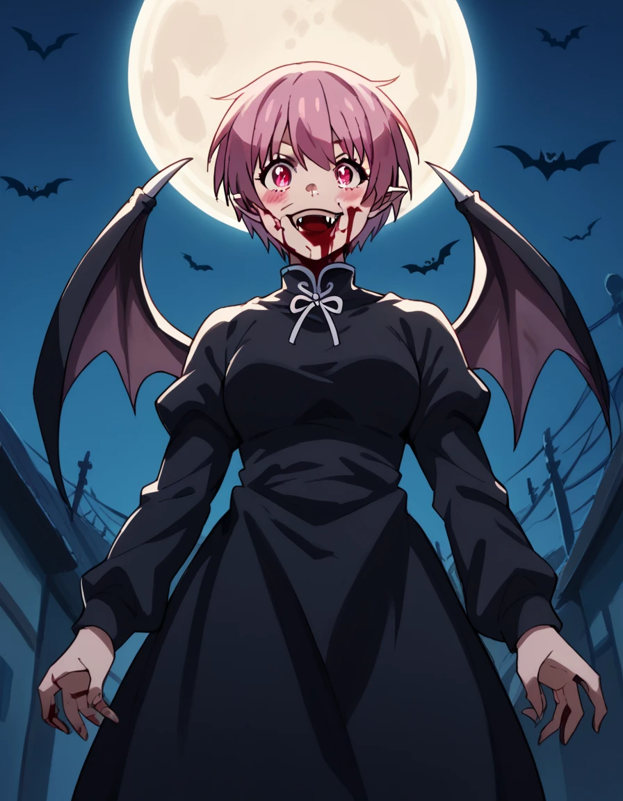 score_9, score_8_up, score_7_up, source_anime, <lora:inca-kasugatani-s2-ponyxl-lora-nochekaiser:1>, inca kasugatani, short hair, pink hair, pink eyes, medium breasts,, <lora:vampire-ponyxl-lora-nochekaiser:1>, vampire, red eyes, pointy ears, fangs, black dress, wings, blood, blood on face, blood on mouth, bat (animal), halloween, halloween costume, upper teeth only, night, moon, blush, smile, open mouth, , dutch angle, cowboy shot