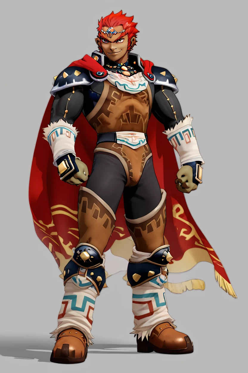 score_9, score_8_up, score_8,   BREAK, , ,,, zzGanondorf, 1boy, red hair, dark skin, armor, gloves, jewelry, boots, muscular, shoulder pads, short hair, cape, <lora:Ganondorf_OoTZelda_PDXL:0.8>,   ,,,, BREAK, smile, closed mouth, looking at viewer, cowboy shot,  ,,, embedding:zPDXL, Expressiveh, ,,, <lora:MantisStyle_PDXL_v2:0.8>, <lora:SDXLFaeTastic2400:0.5>, <lora:Expressive_H-000001:0.4>,