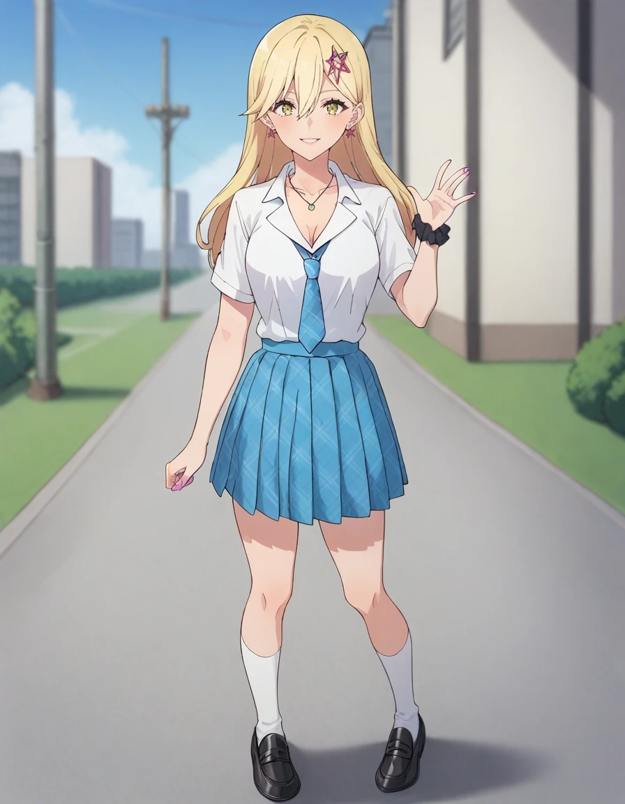 score_9, score_8_up, score_7_up, source_anime, BREAK
1girl, looking at viewer, solo, blurry background, light smile, parted lips, scenery, outdoors,standing, full body, random pose,
aria kisaki, blonde hair, long hair, hair between eyes, gold eyes, star hair ornament, stud earrings,
school uniform, white collared shirt, short sleeves, collarbone, cleavage, necklace, blue necktie, black hand scrunchie, pink nails, blue pleated skirt, white socks, black loafers,
<lora:aria_kisaki_anime_v2-soralz:1>