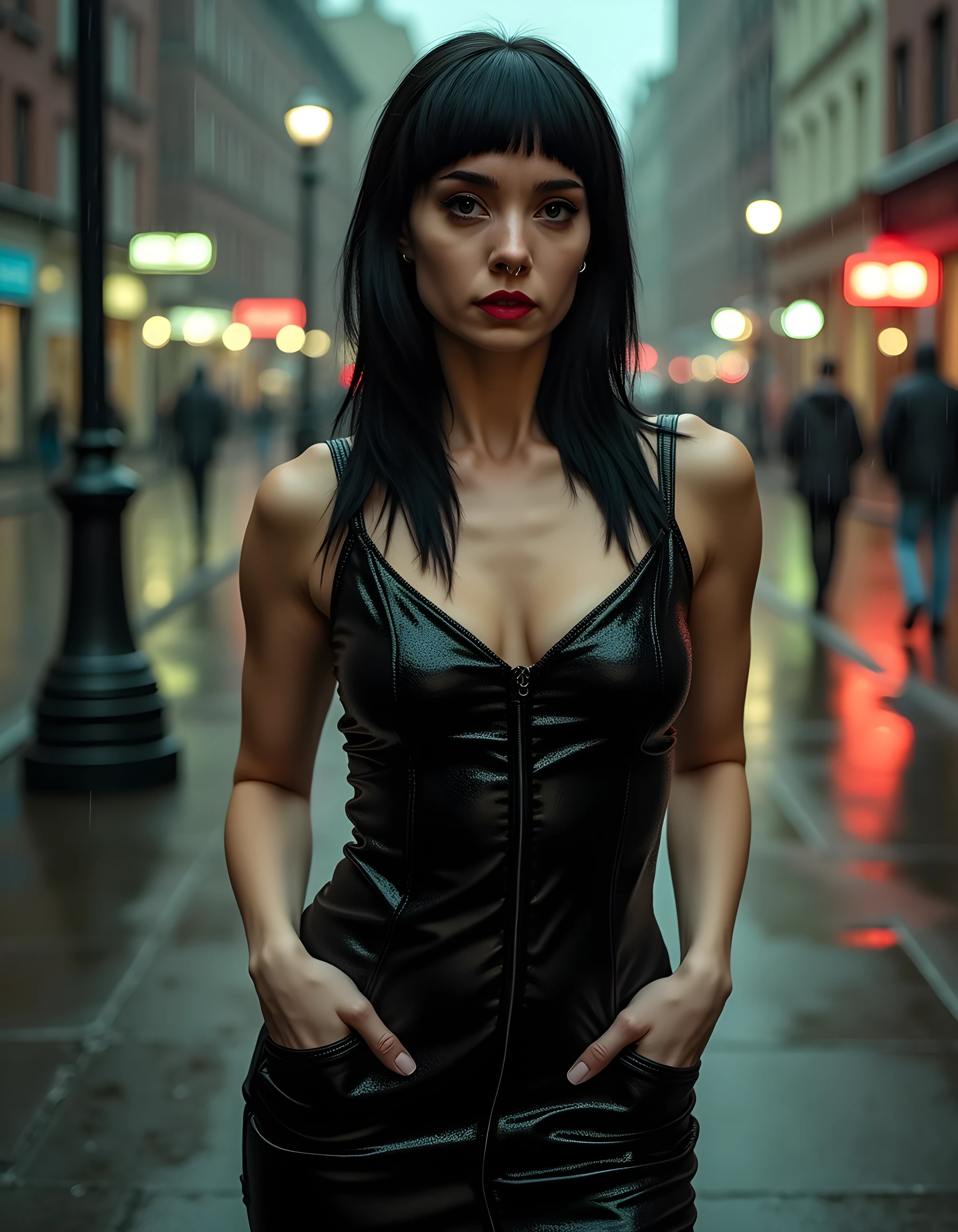 In a gritty, noir-inspired setting reminiscent of a rain-soaked 1940s cityscape, the camera focuses on H4R0P0N3S - a woman with long, raven black hair cascading down her shoulders and dark eyes that pierce through the gloom. Her lips are painted a bold red, contrasting against her pale complexion, as she gazes directly at the viewer with an air of mystery and intrigue. The light from a solitary streetlamp casts dramatic shadows across her sharp features, highlighting the angles of her angular cheekbones and accentuating the curves of her form-fitting, black sequin dress that shimmers in the wet pavement. Her pose is confident and defiant, her hands held casually in her pockets, as if she owns the city and everyone in it, suggesting a woman who isn't afraid to break the rules or bend them to her will.